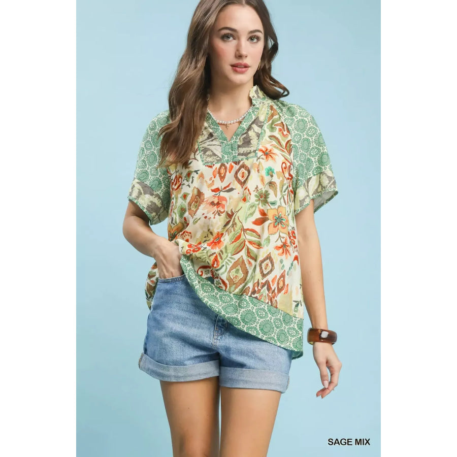 Umgee Mixed Print V-Neck Short Sleeve Top SAGE MIX / S Apparel and Accessories