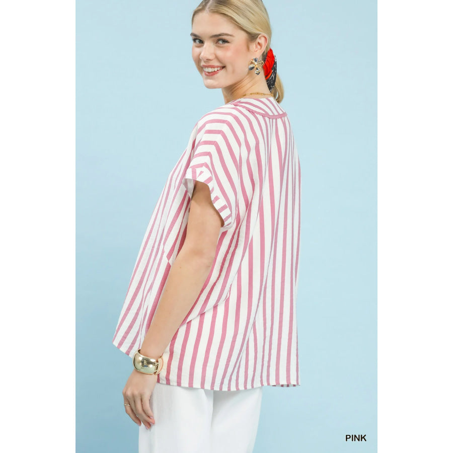 Umgee Mixed Stripe Split Neck Oversized Blouse Apparel and Accessories