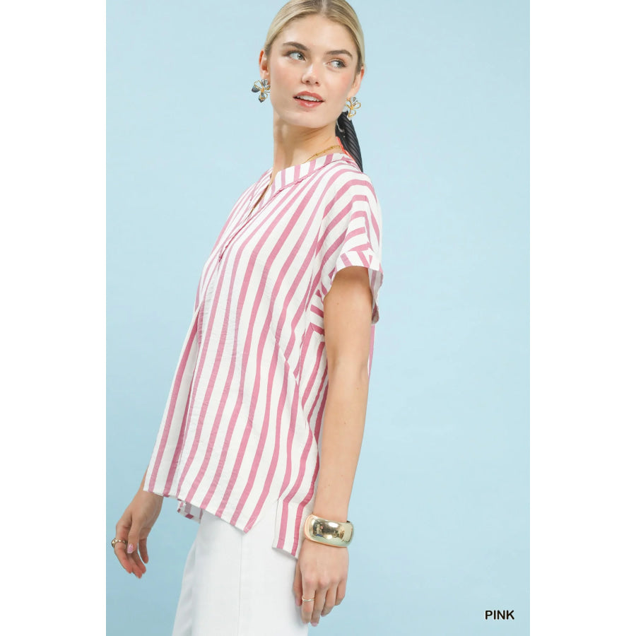 Umgee Mixed Stripe Split Neck Oversized Blouse PINK / S Apparel and Accessories