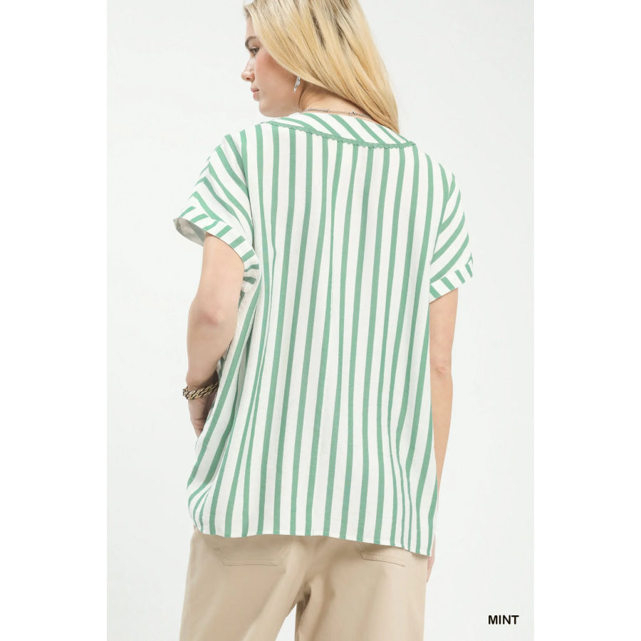 Umgee Mixed Stripe Split Neck Oversized Blouse Apparel and Accessories