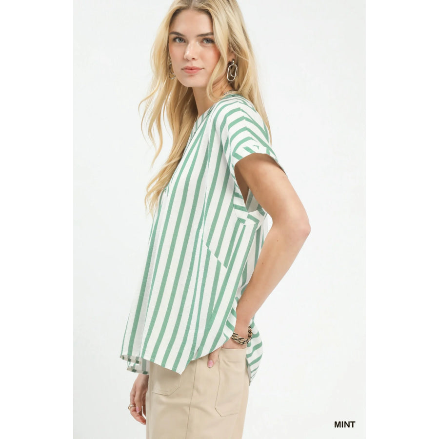 Umgee Mixed Stripe Split Neck Oversized Blouse Apparel and Accessories