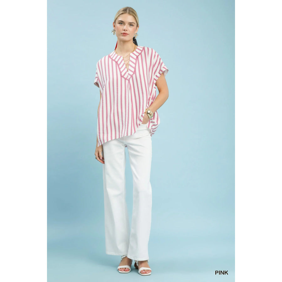 Umgee Mixed Stripe Split Neck Oversized Blouse Apparel and Accessories