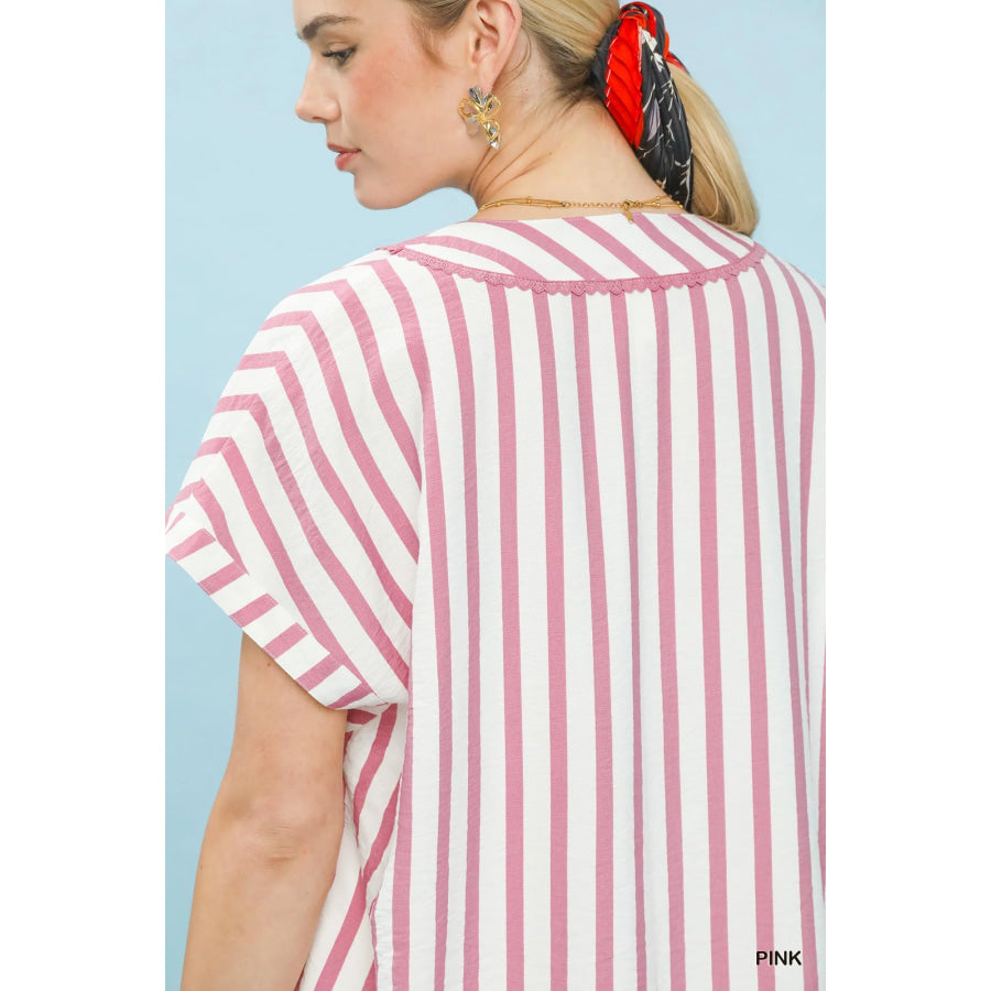Umgee Mixed Stripe Split Neck Oversized Blouse Apparel and Accessories