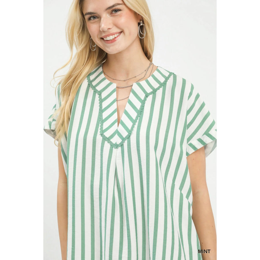 Umgee Mixed Stripe Split Neck Oversized Blouse Apparel and Accessories