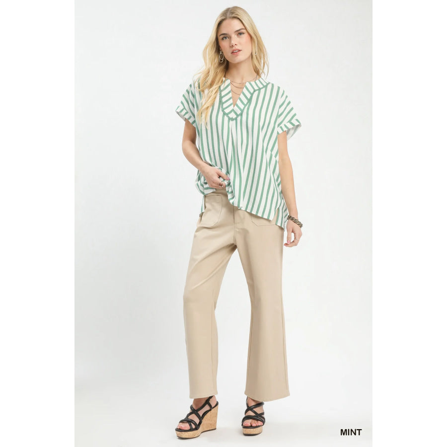Umgee Mixed Stripe Split Neck Oversized Blouse Apparel and Accessories