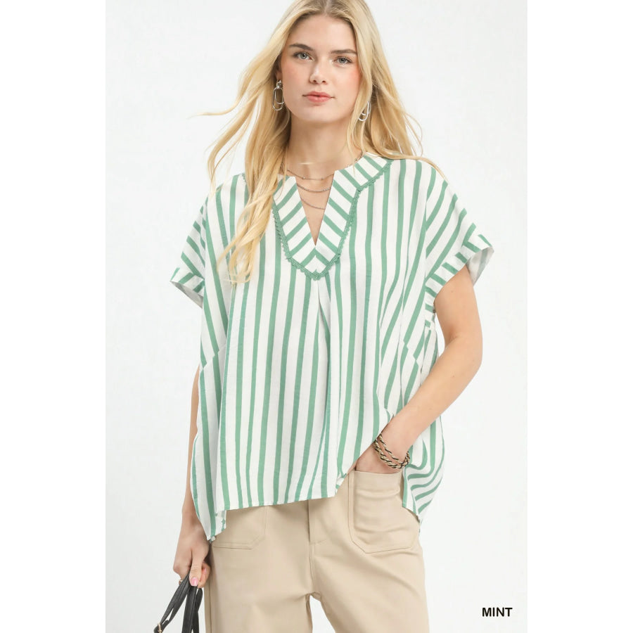 Umgee Mixed Stripe Split Neck Oversized Blouse MINT / S Apparel and Accessories