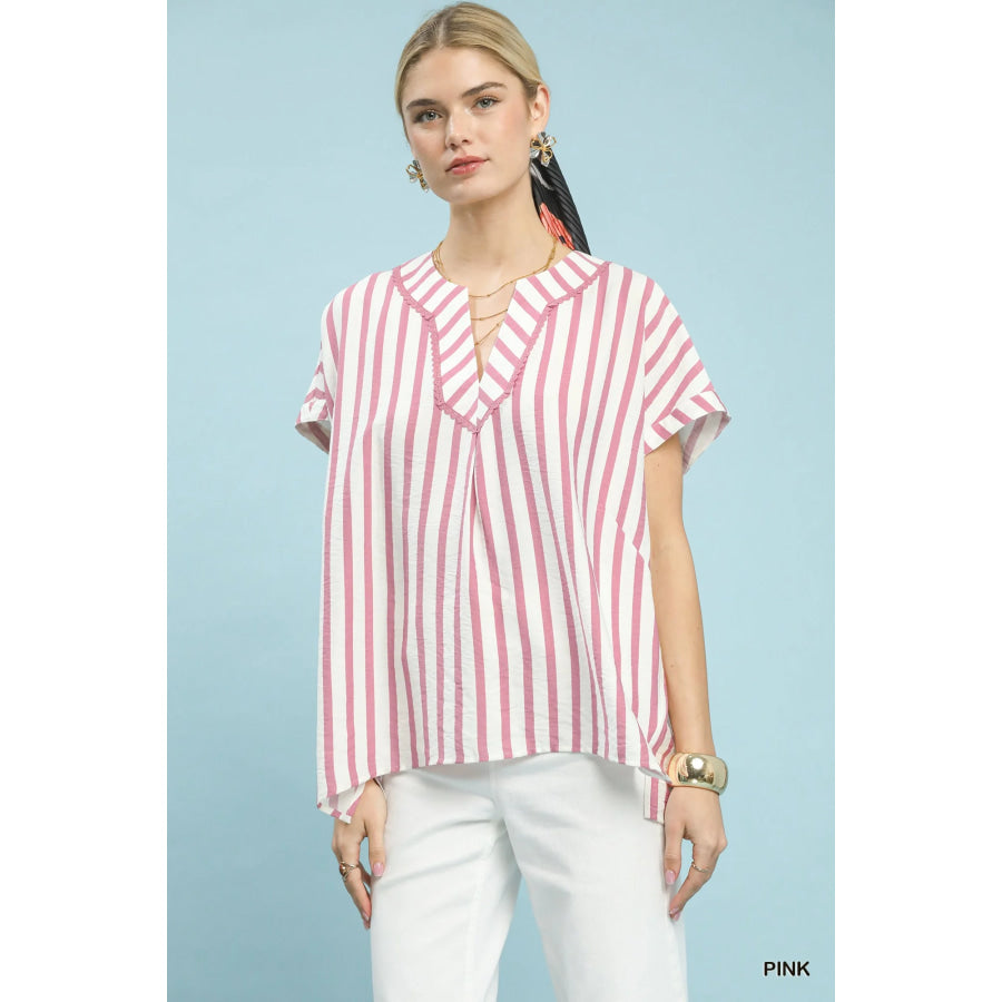 Umgee Mixed Stripe Split Neck Oversized Blouse PINK / S Apparel and Accessories