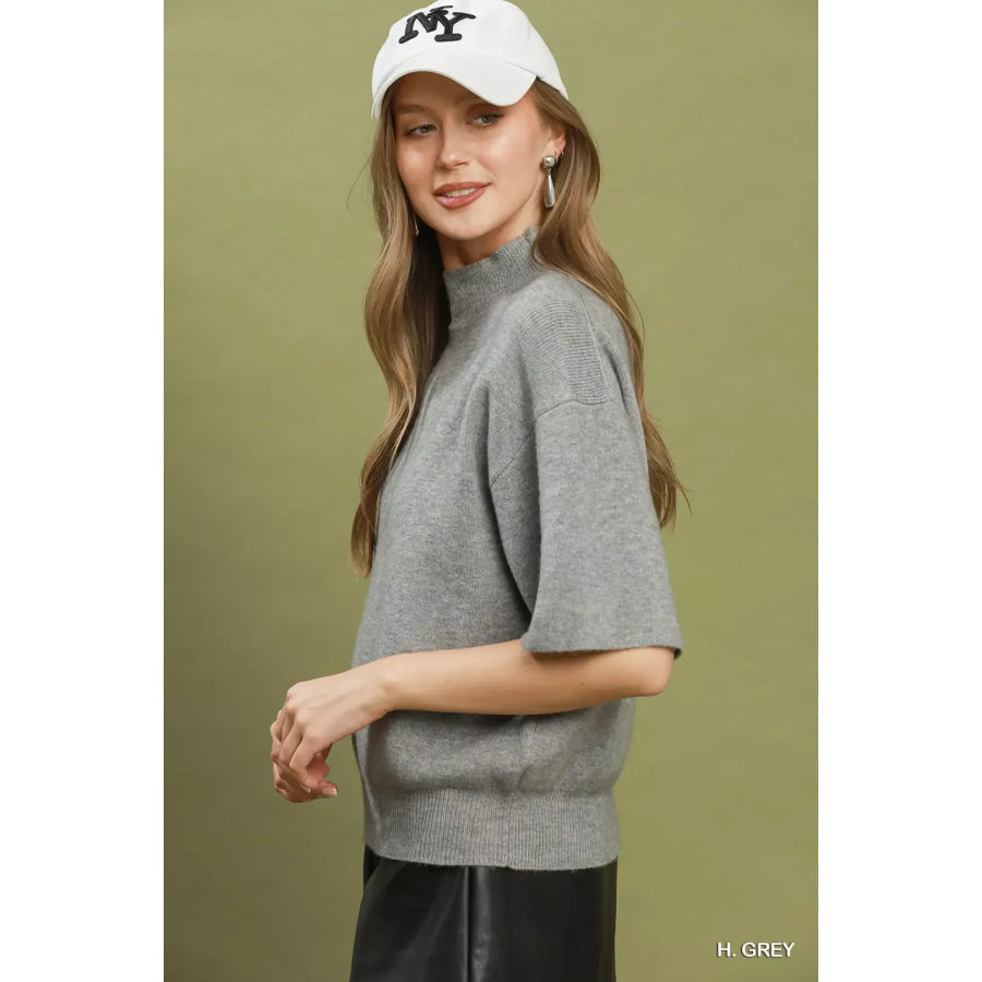 Umgee Mock Neck Short Sleeve Knit Sweater Top H. GREY / S Apparel and Accessories