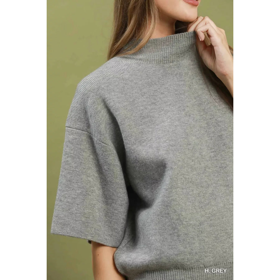 Umgee Mock Neck Short Sleeve Knit Sweater Top Apparel and Accessories