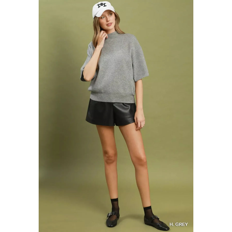 Umgee Mock Neck Short Sleeve Knit Sweater Top Apparel and Accessories