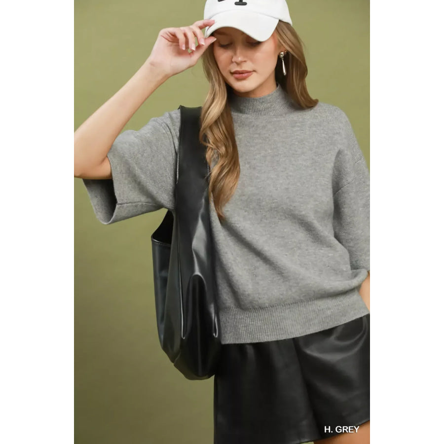Umgee Mock Neck Short Sleeve Knit Sweater Top H. GREY / S Apparel and Accessories
