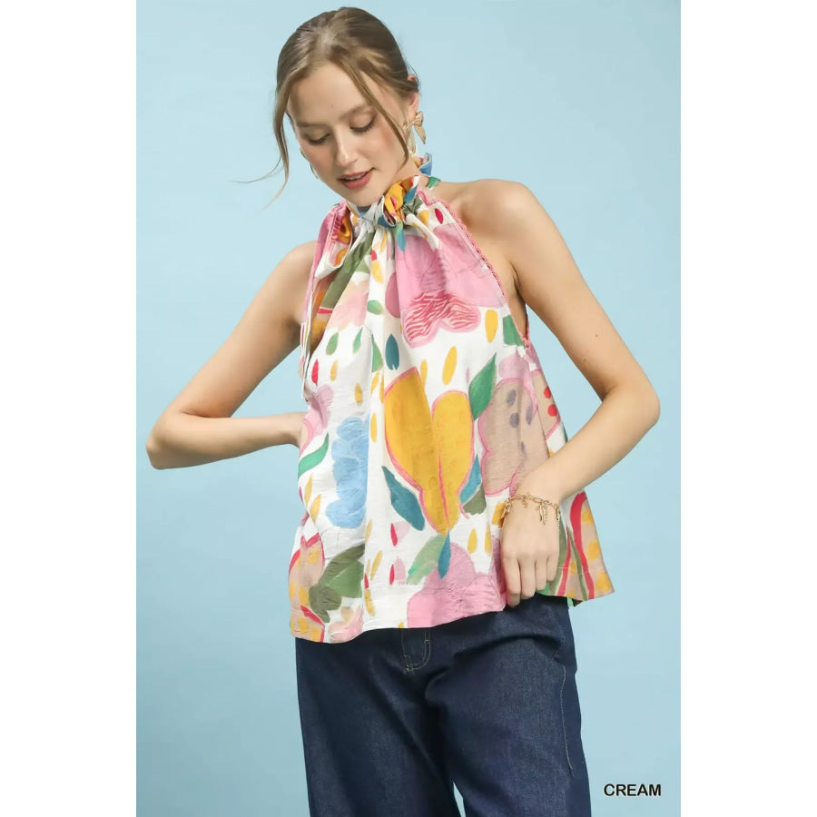 Umgee Multi-Color Floral Halter Neck Boho Top CREAM / S Apparel and Accessories