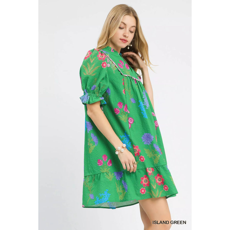 Umgee Multi Flower Print V-Neck Dress Apparel and Accessories