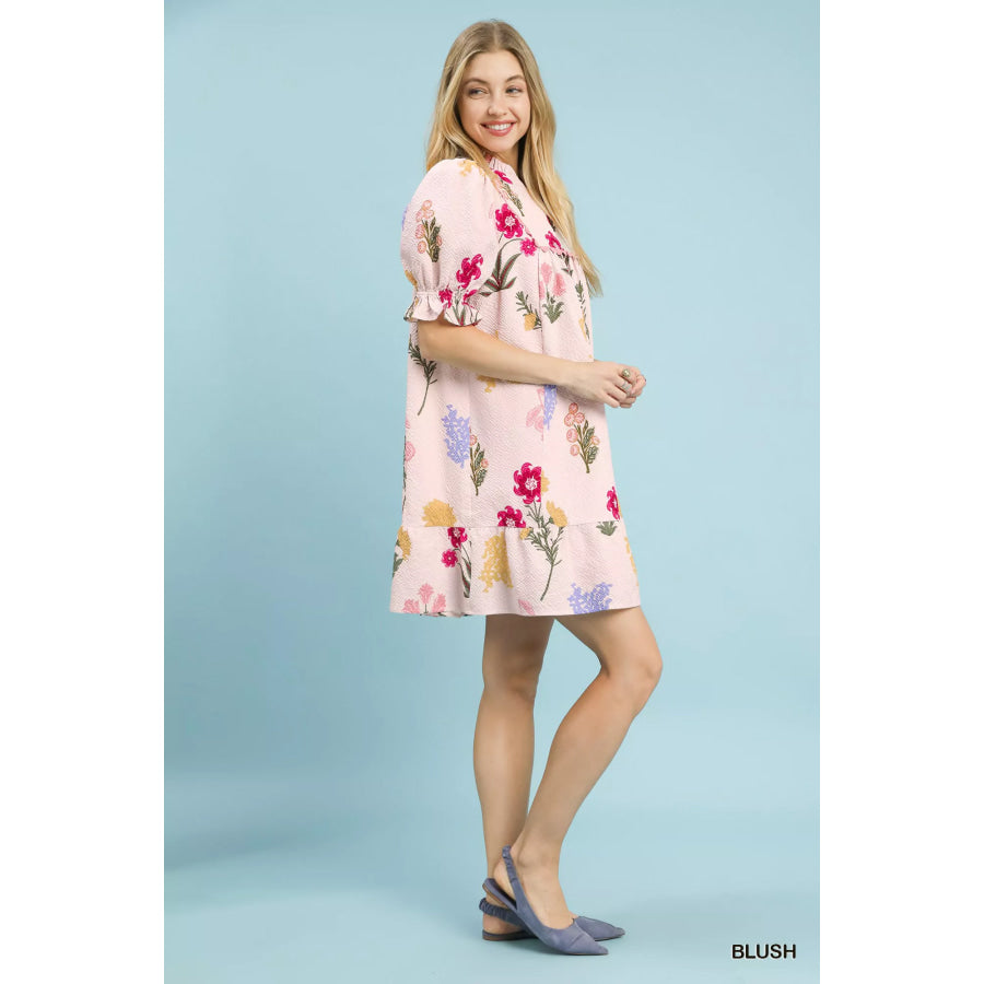 Umgee Multi Flower Print V-Neck Dress Apparel and Accessories