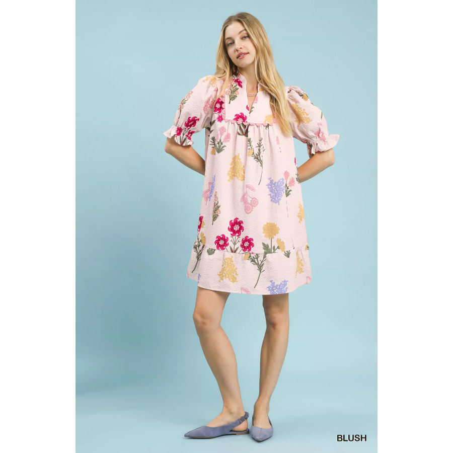 Umgee Multi Flower Print V-Neck Dress Apparel and Accessories