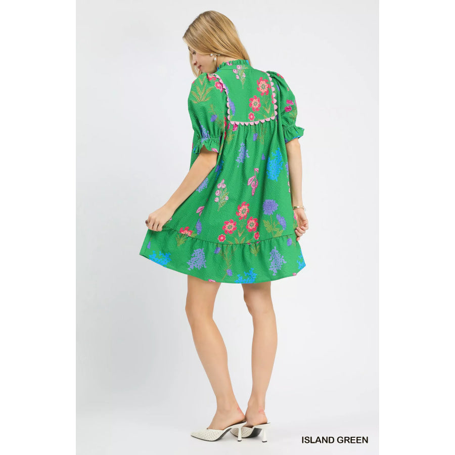 Umgee Multi Flower Print V-Neck Dress Apparel and Accessories