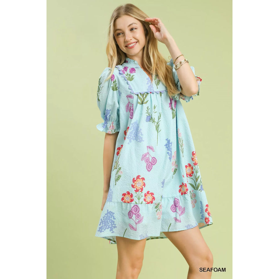 Umgee Multi Flower Print V-Neck Dress Apparel and Accessories