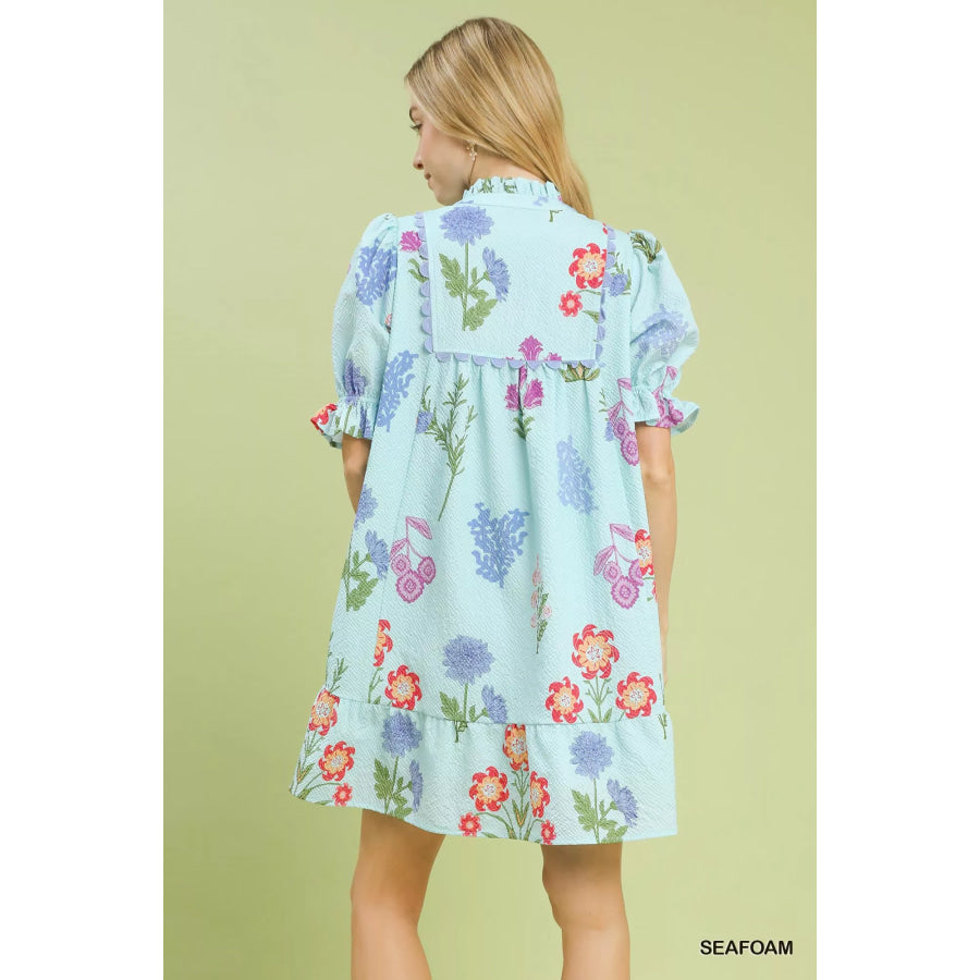 Umgee Multi Flower Print V-Neck Dress Apparel and Accessories