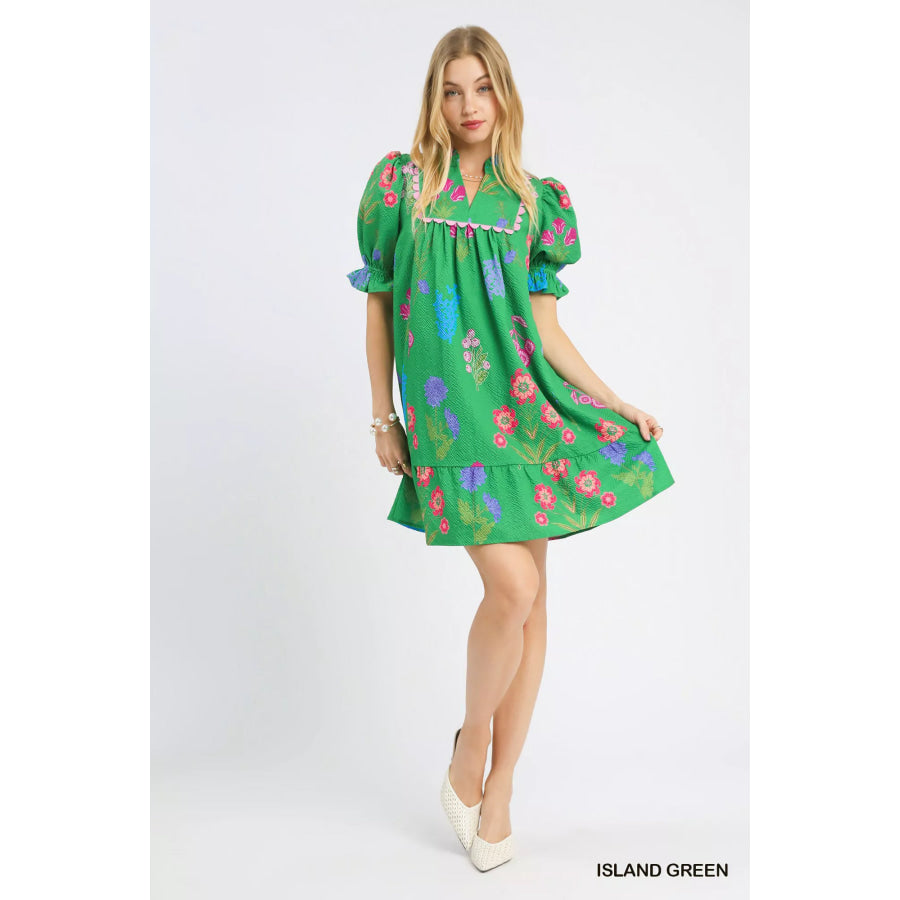 Umgee Multi Flower Print V-Neck Dress Apparel and Accessories