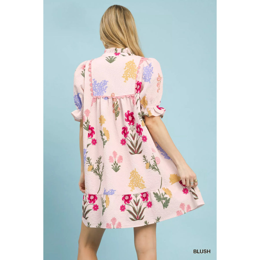 Umgee Multi Flower Print V-Neck Dress Apparel and Accessories