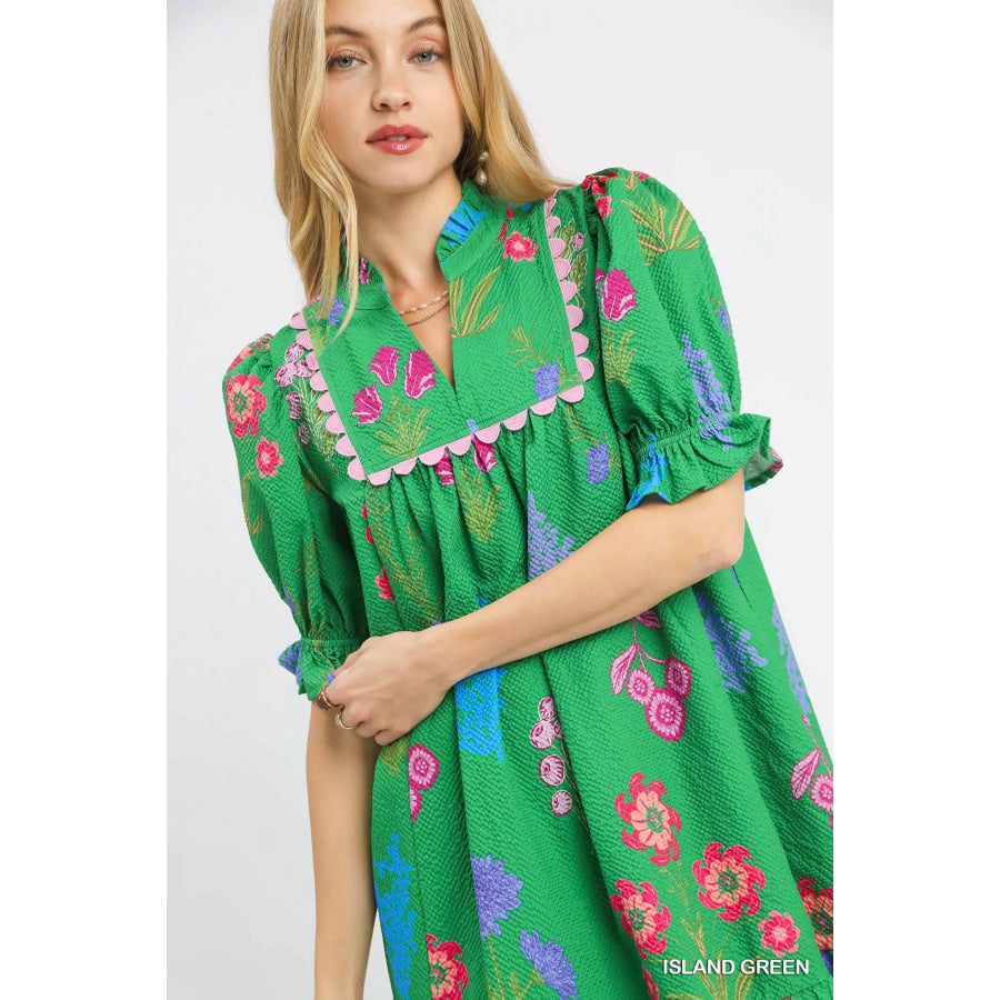 Umgee Multi Flower Print V-Neck Dress Apparel and Accessories