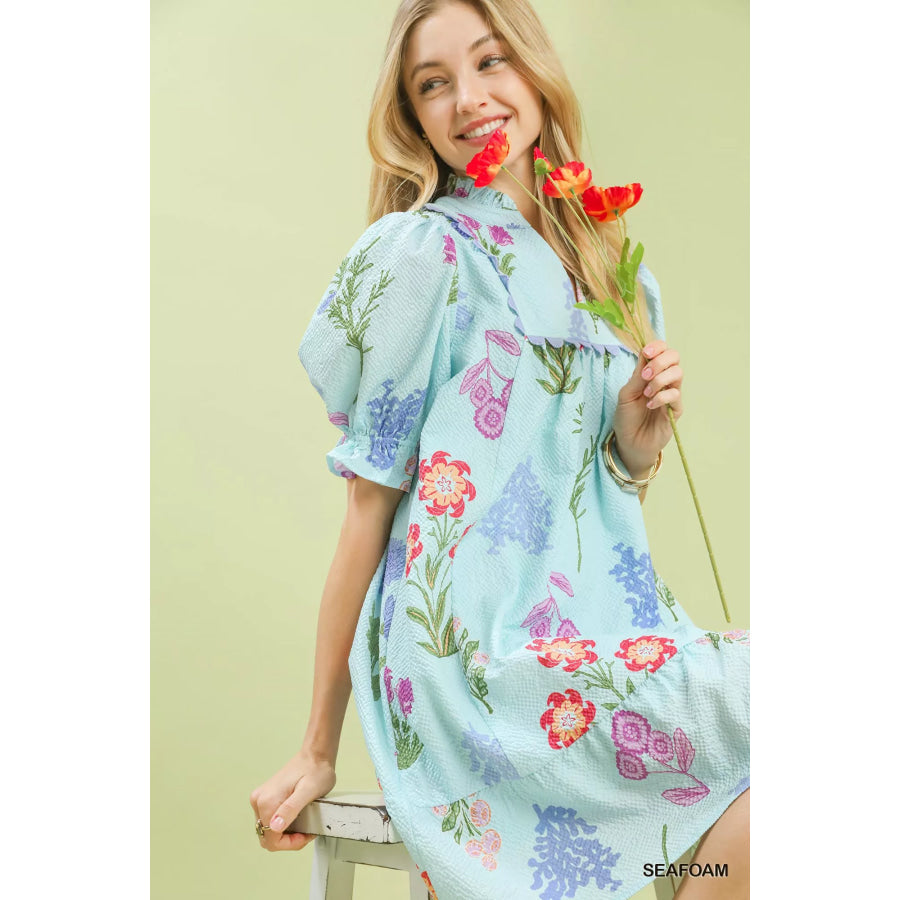 Umgee Multi Flower Print V-Neck Dress Apparel and Accessories