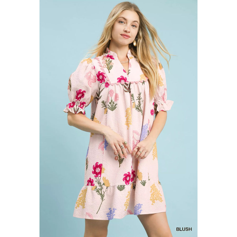 Umgee Multi Flower Print V-Neck Dress BLUSH / S Apparel and Accessories