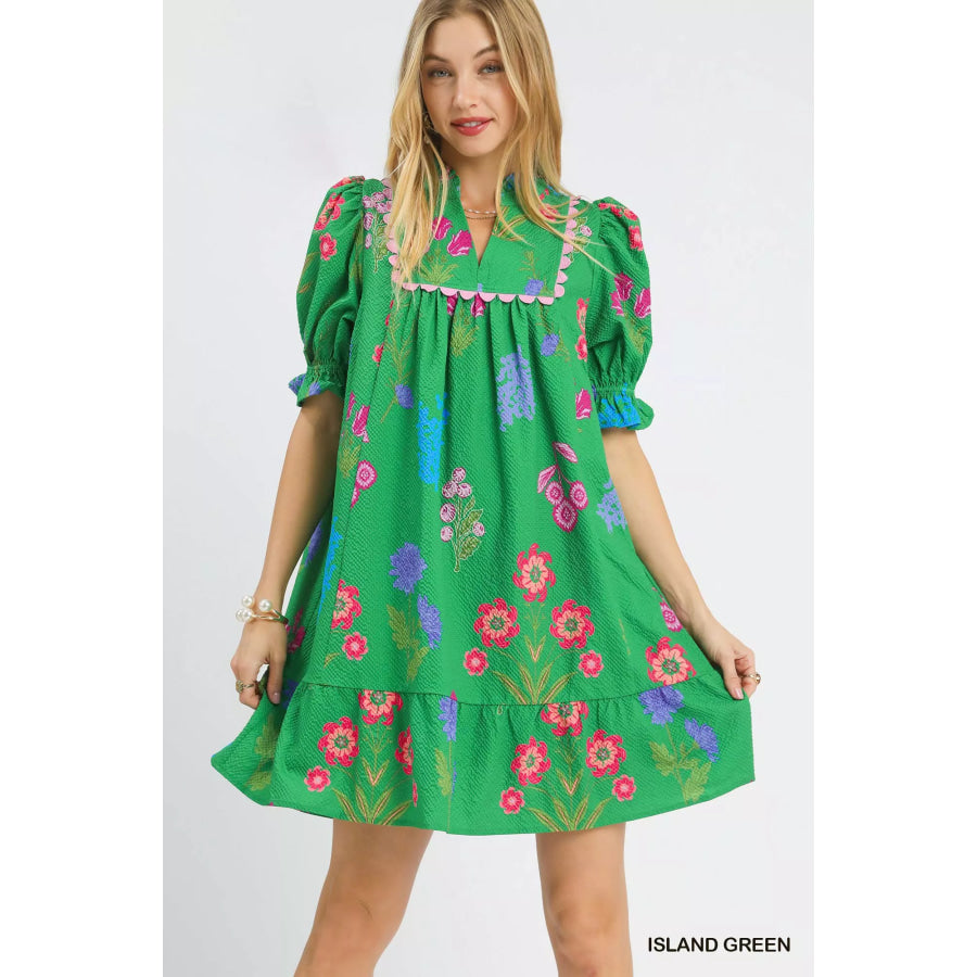 Umgee Multi Flower Print V-Neck Dress ISLAND GREEN / S Apparel and Accessories