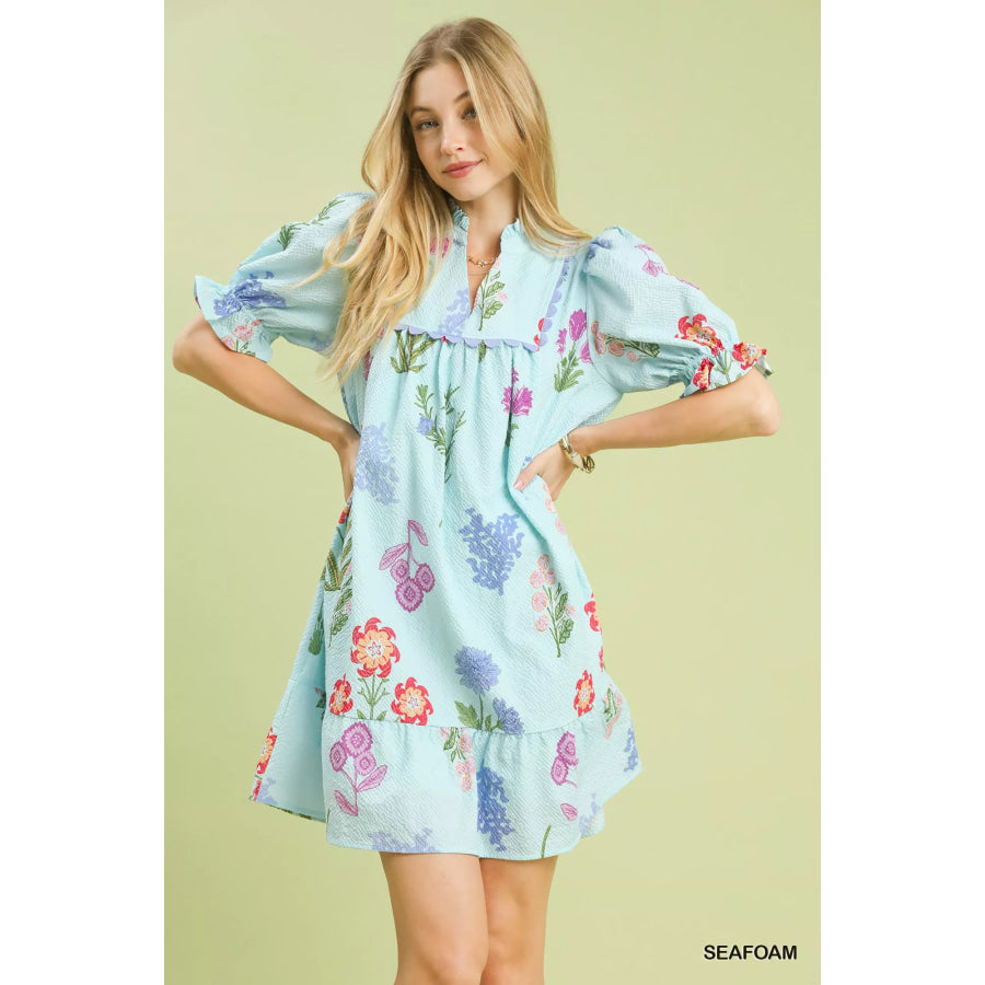 Umgee Multi Flower Print V-Neck Dress SEAFOAM / S Apparel and Accessories