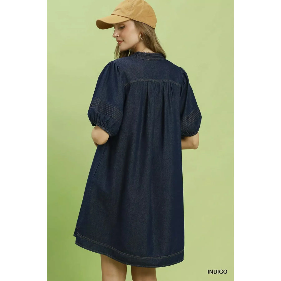 Umgee Notched Puff Sleeve Mini Dress with Pockets Apparel and Accessories