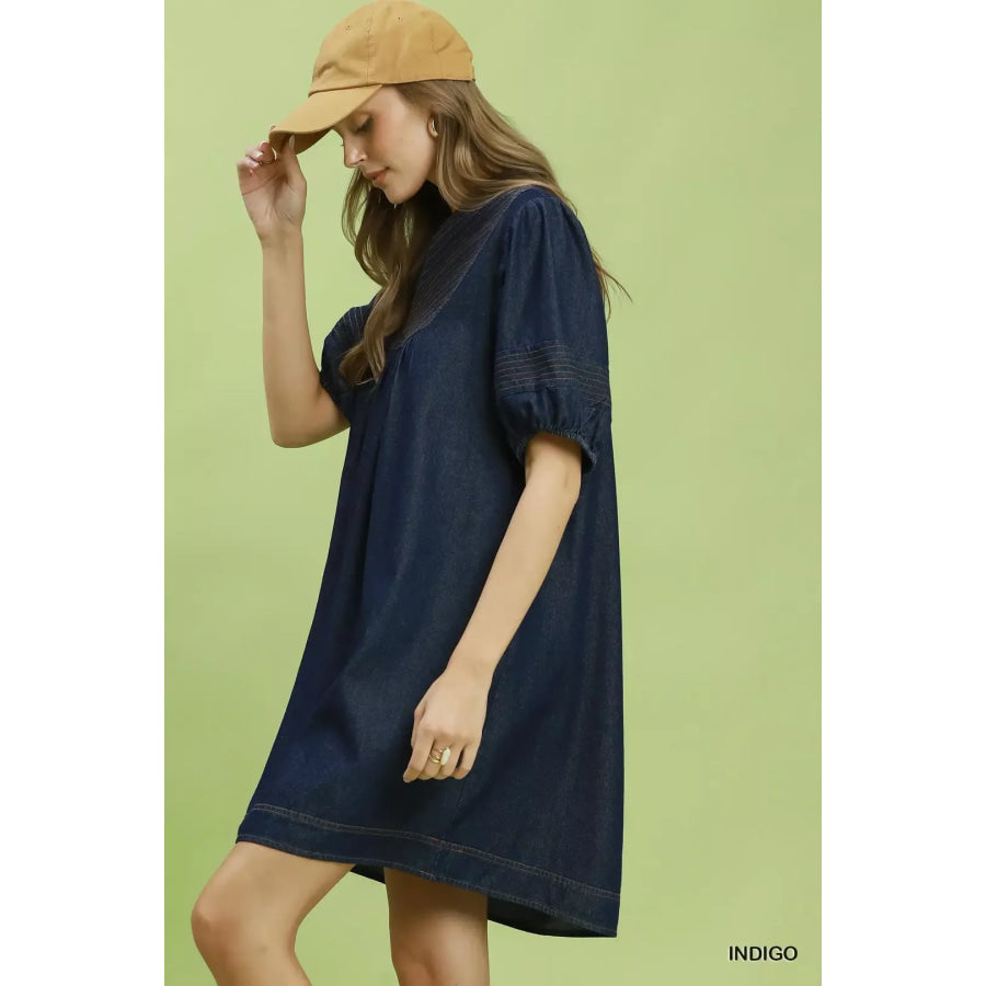 Umgee Notched Puff Sleeve Mini Dress with Pockets Apparel and Accessories