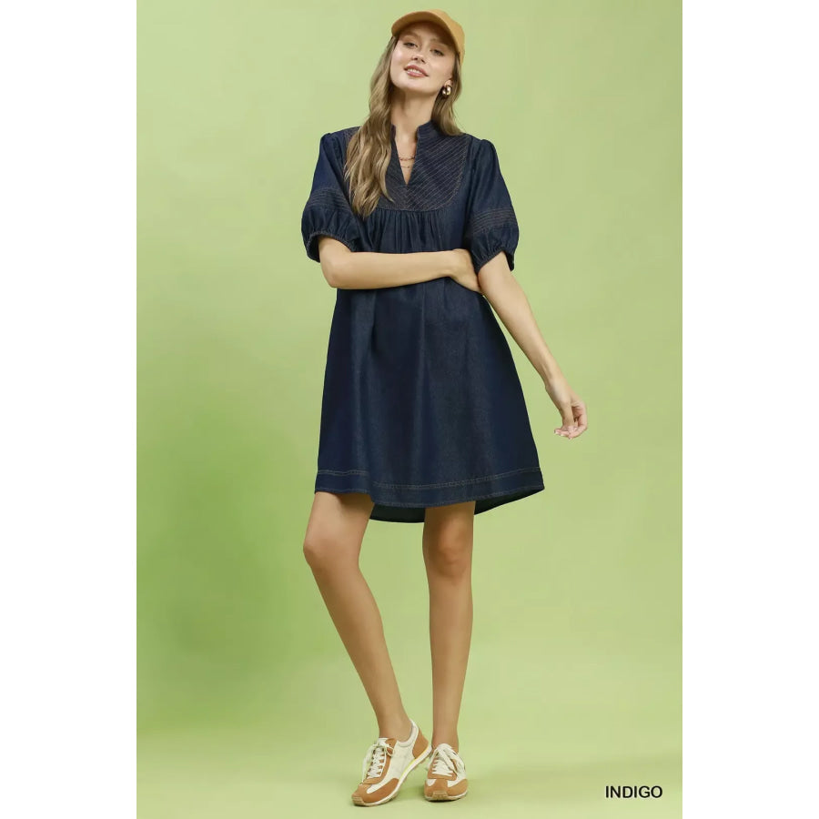 Umgee Notched Puff Sleeve Mini Dress with Pockets Apparel and Accessories