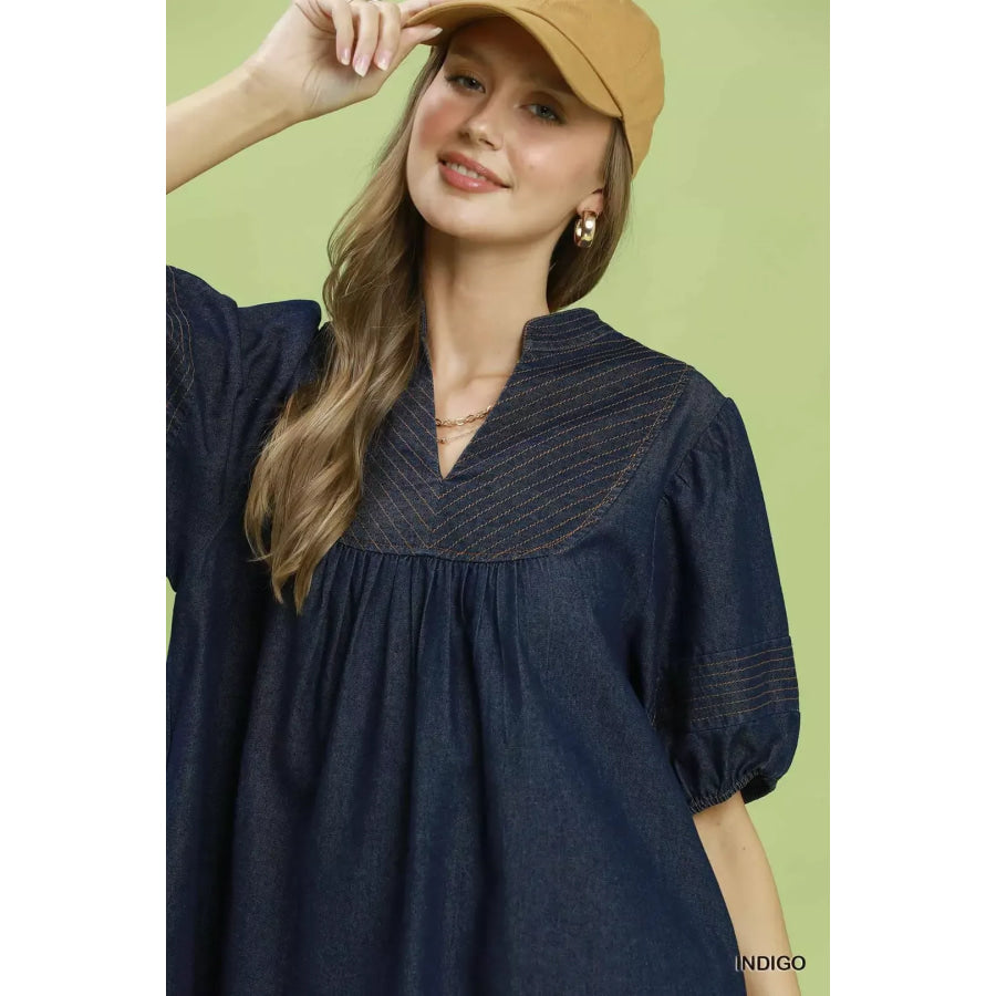 Umgee Notched Puff Sleeve Mini Dress with Pockets Apparel and Accessories