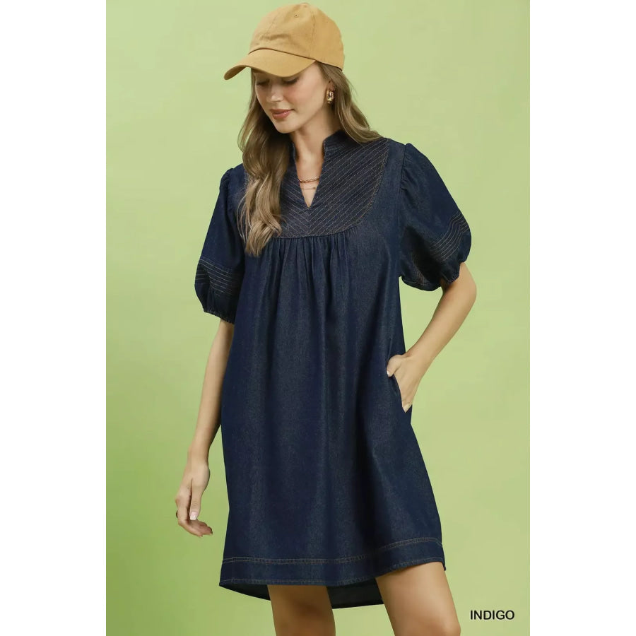 Umgee Notched Puff Sleeve Mini Dress with Pockets INDIGO / S Apparel and Accessories