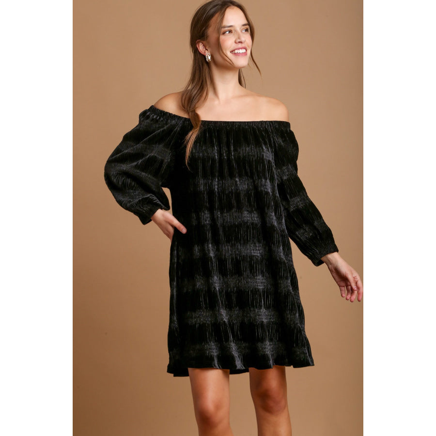 Umgee Off-Shoulder Balloon Sleeve Velvet Mini Dress Black / S Apparel and Accessories