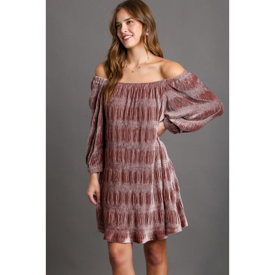 Umgee Off-Shoulder Balloon Sleeve Velvet Mini Dress Dusty Pink / S Apparel and Accessories