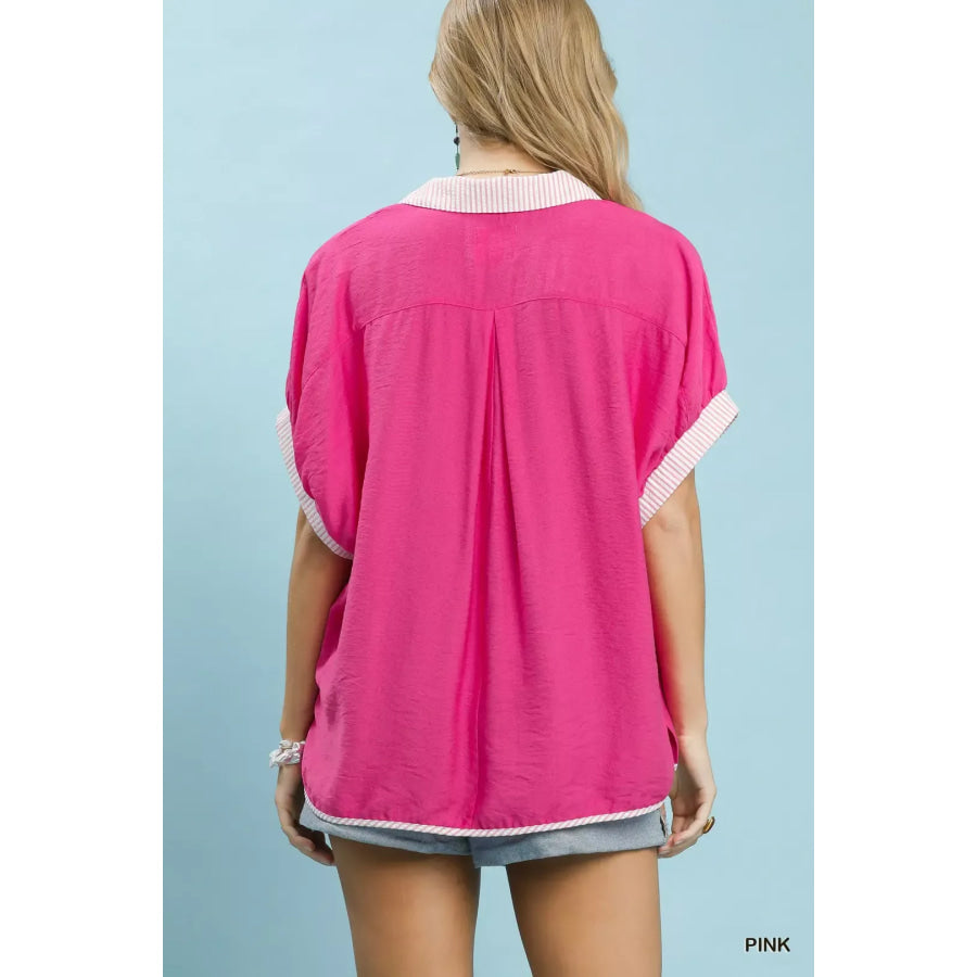 Umgee Oversized Contrast Stripe Trim Top Apparel and Accessories