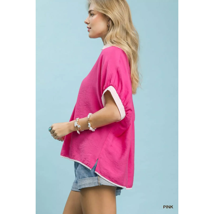 Umgee Oversized Contrast Stripe Trim Top PINK / S Apparel and Accessories