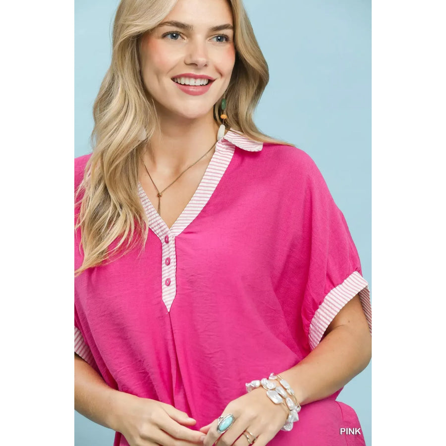 Umgee Oversized Contrast Stripe Trim Top Apparel and Accessories