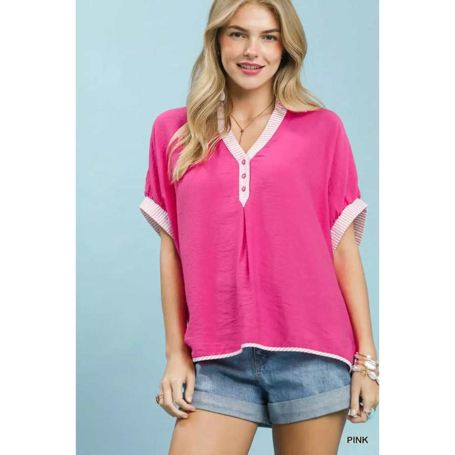 Umgee Oversized Contrast Stripe Trim Top PINK / S Apparel and Accessories