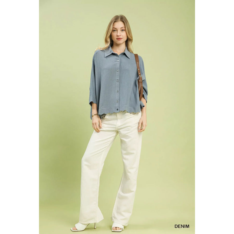 Umgee Oversized Striped Button-Down Shirt DENIM / S Apparel and Accessories