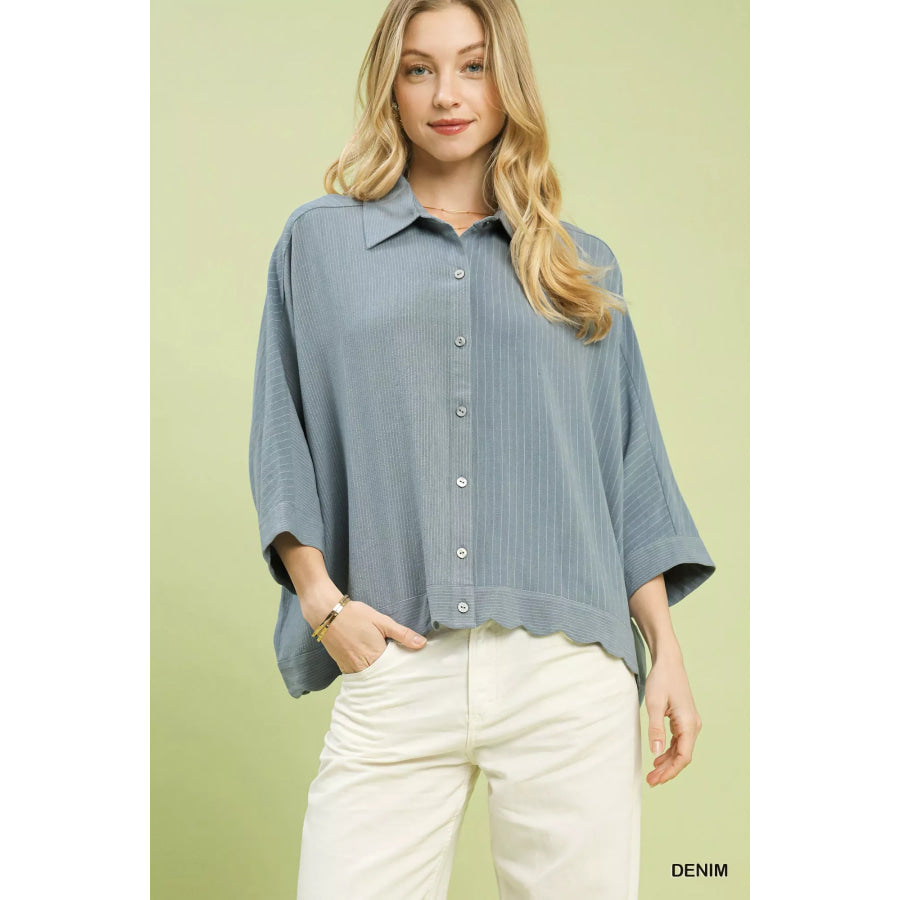 Umgee Oversized Striped Button-Down Shirt DENIM / S Apparel and Accessories