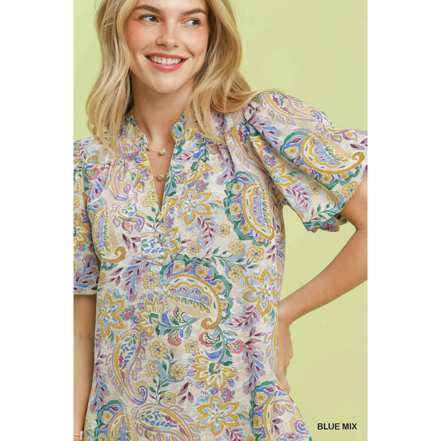 Umgee Paisley Floral Puff Sleeve Shift Dress Apparel and Accessories