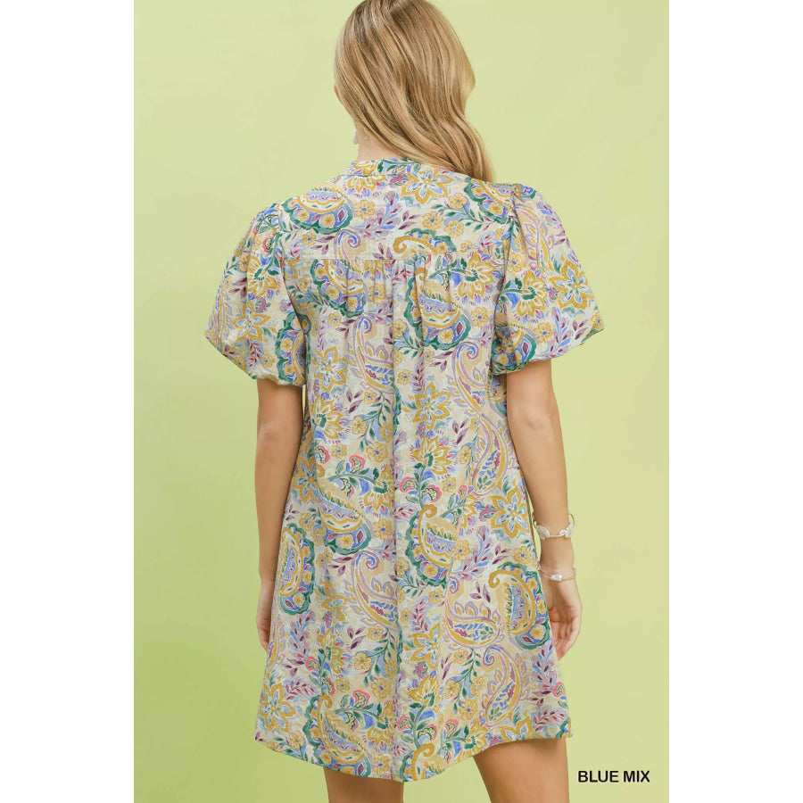 Umgee Paisley Floral Puff Sleeve Shift Dress Apparel and Accessories