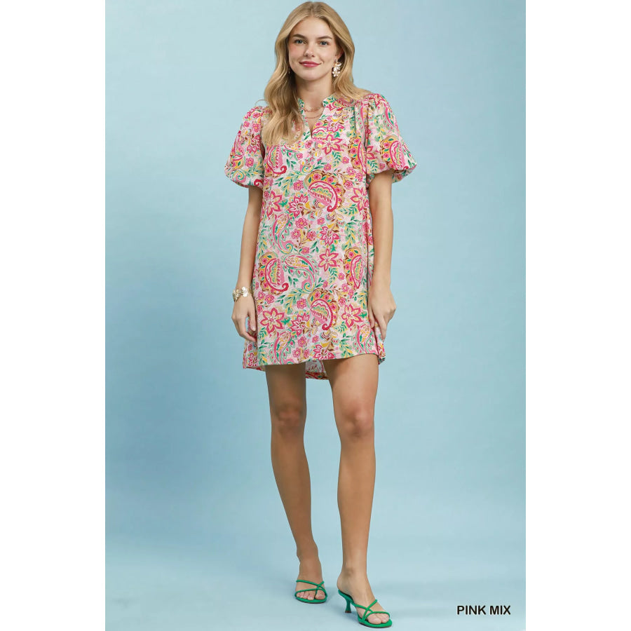 Umgee Paisley Floral Puff Sleeve Shift Dress Apparel and Accessories