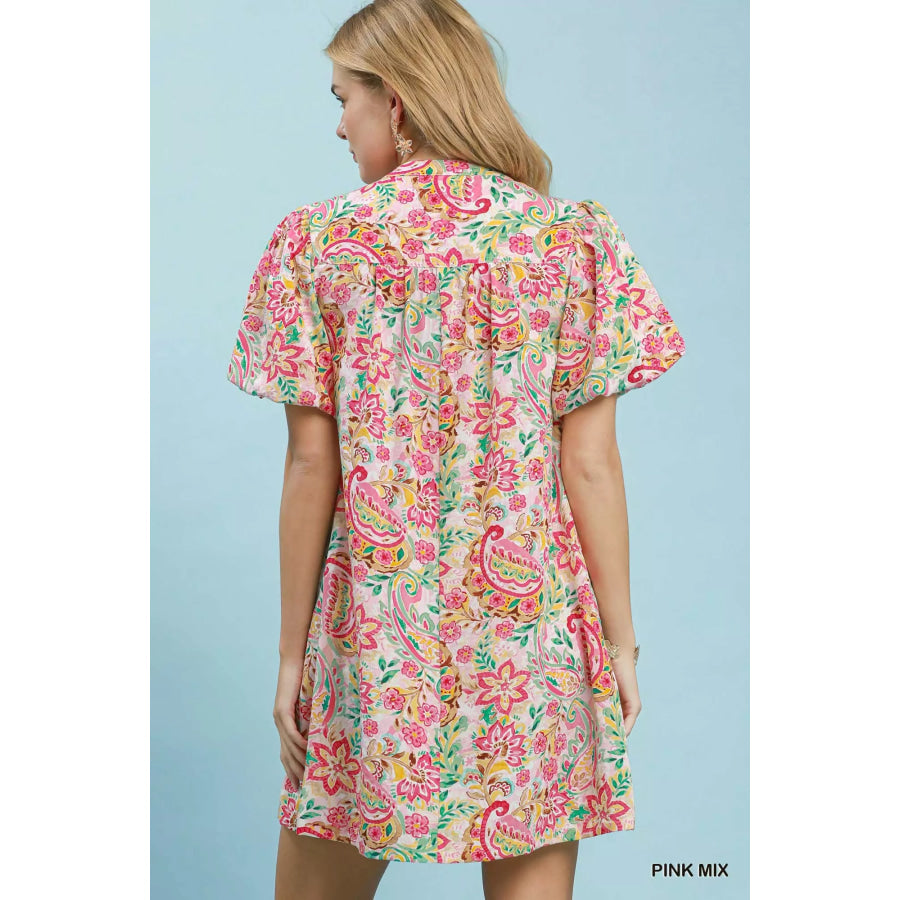 Umgee Paisley Floral Puff Sleeve Shift Dress Apparel and Accessories