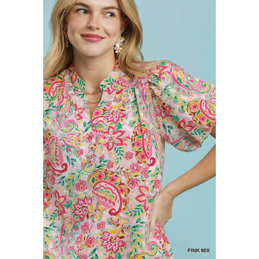 Umgee Paisley Floral Puff Sleeve Shift Dress Apparel and Accessories