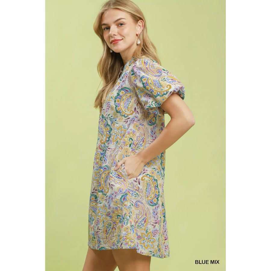 Umgee Paisley Floral Puff Sleeve Shift Dress BLUE MIX / S Apparel and Accessories