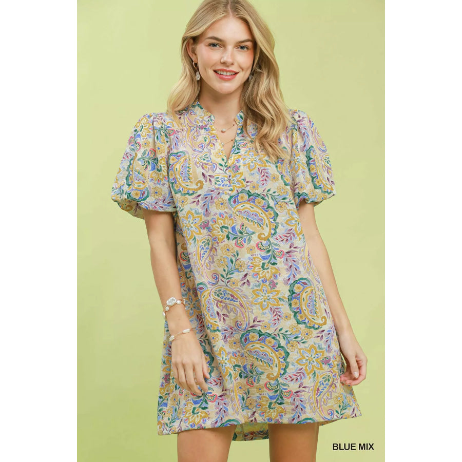 Umgee Paisley Floral Puff Sleeve Shift Dress BLUE MIX / S Apparel and Accessories