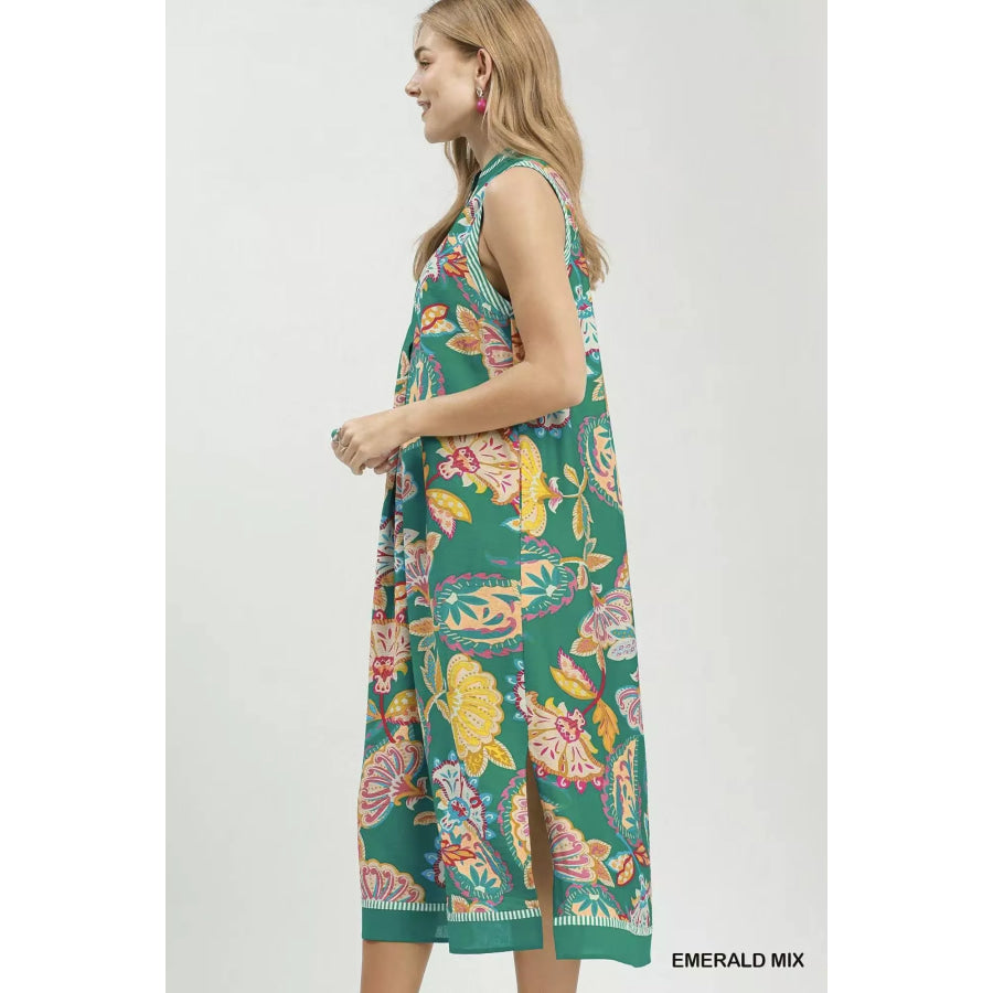 Umgee Paisley Floral Sleeveless Midi Dress Apparel and Accessories